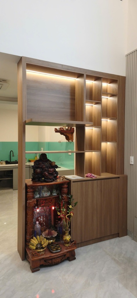 Kệ trang trí phòng khách kiêm vách ngăn Melamine có LED hắt sáng sang trọng